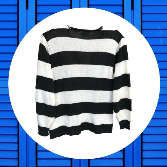 Vintage Leslie Fay Sportswear Black/White Striped Cardigan w Daisies Women Small - Picture 4 of 6